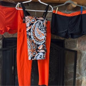 4 PIECE Swimwear Set with Black & Orange Paisley Tankini Top